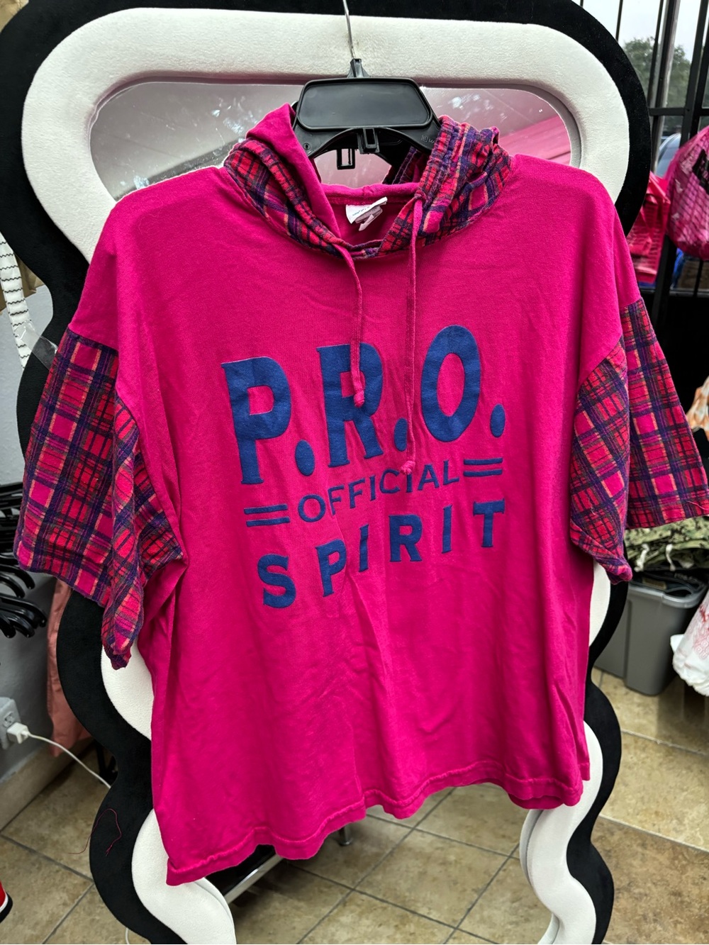 VINTAGE Spirit Pink Hoodie with Navy Graphic and Plaid Sleeves